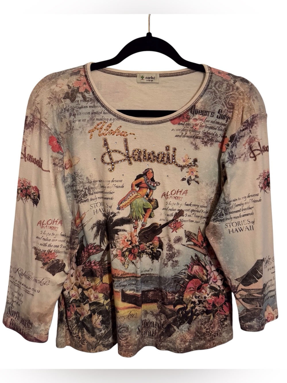 Cactus X-Large Y2K Hawaii Aloha Top Knit Long Sleeve Rhinestones Cotton Stretch